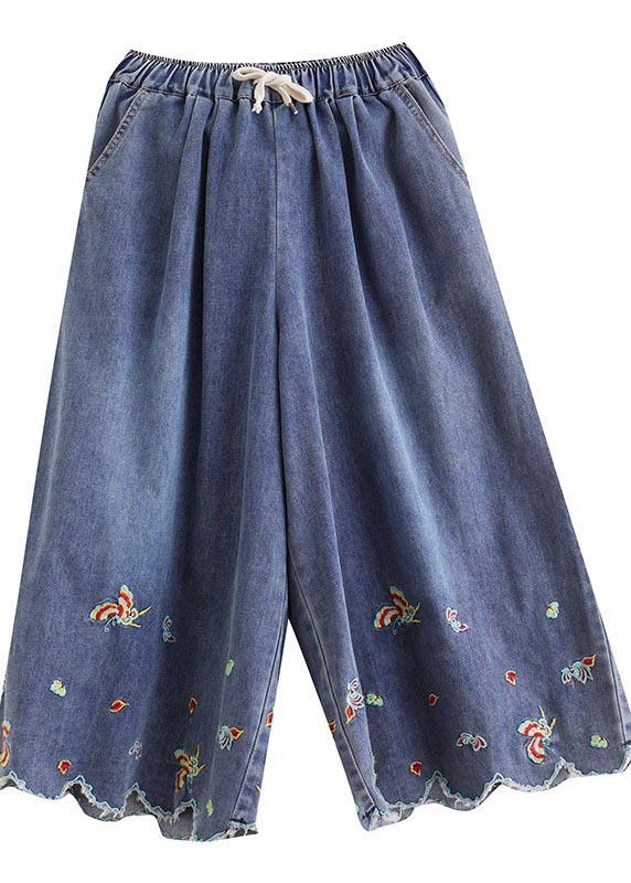 Style Blue Embroideried Crop Wide Leg Summer Pants - Omychic