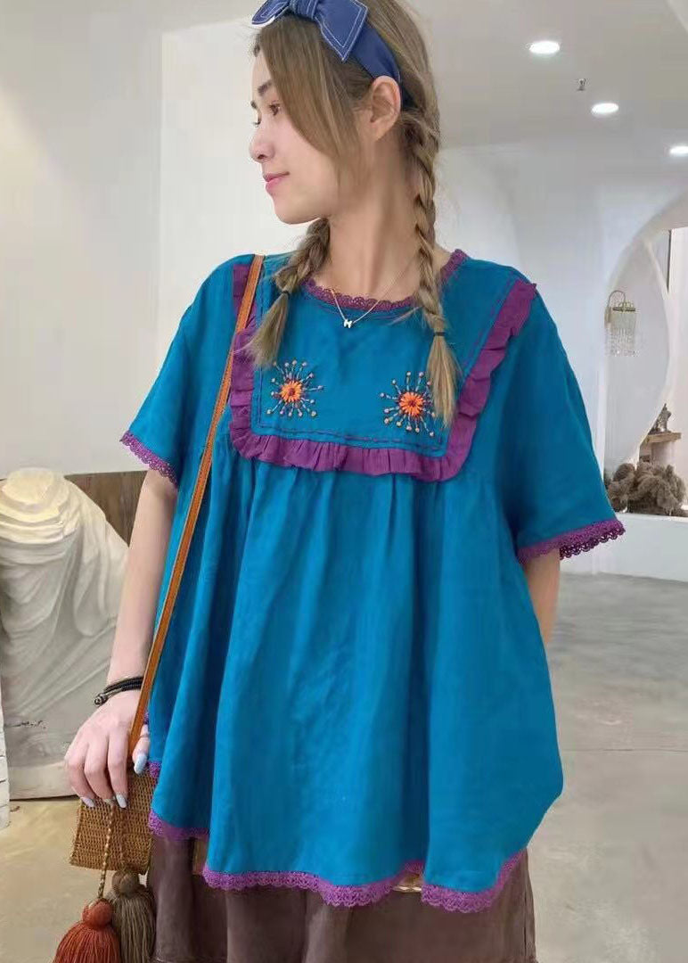 Style Blue Embroideried Patchwork Cotton Shirt Short Sleeve