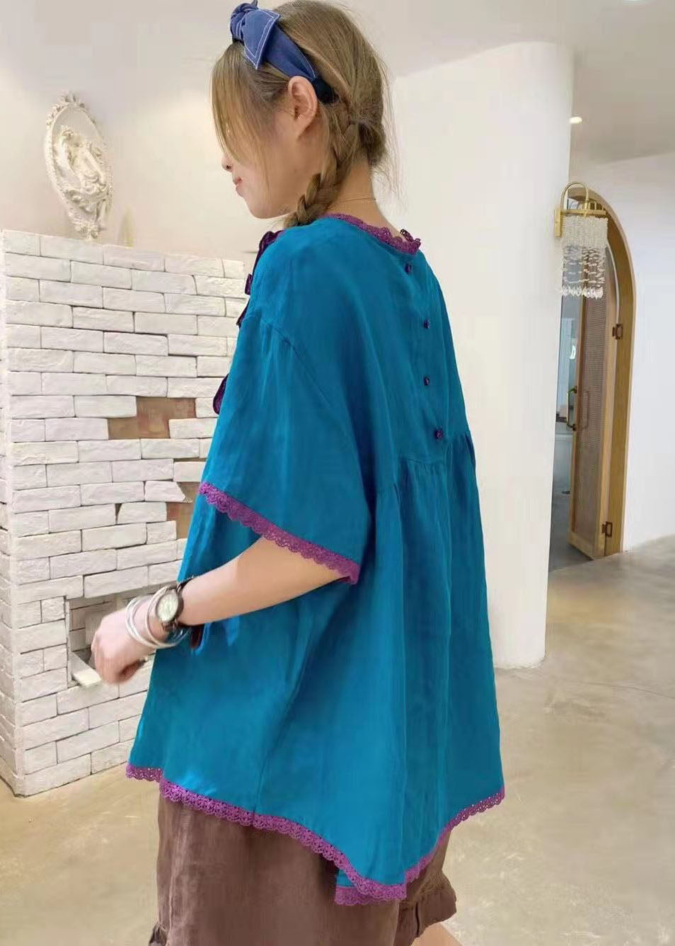 Style Blue Embroideried Patchwork Cotton Shirt Short Sleeve