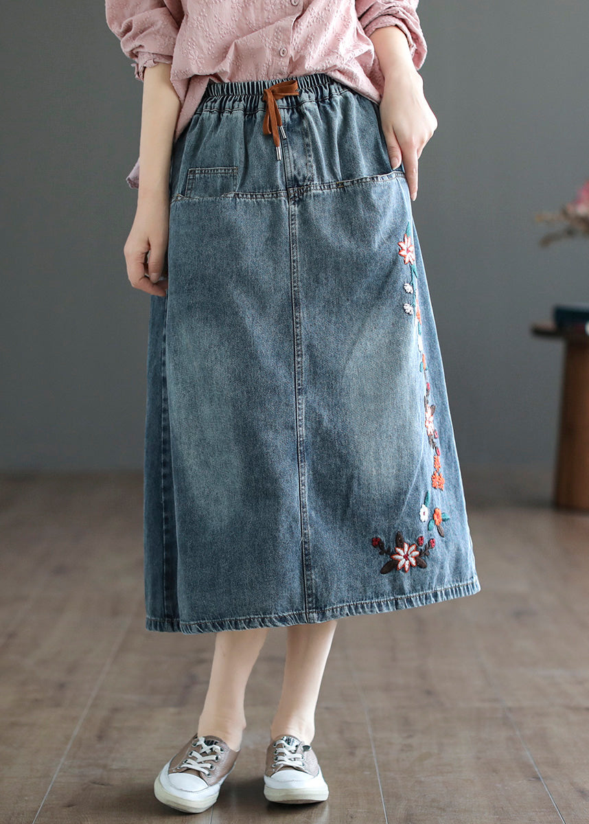 Style Blue Embroideried Patchwork Elastic Waist Denim A Line Skirts Summer