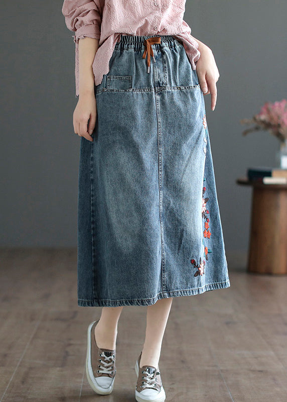 Style Blue Embroideried Patchwork Elastic Waist Denim A Line Skirts Summer