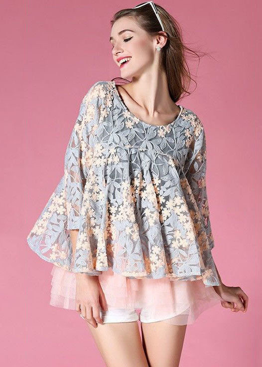 Style Blue Grey Embroideried Patchwork Exra Large Hem Organza Top Half Sleeve