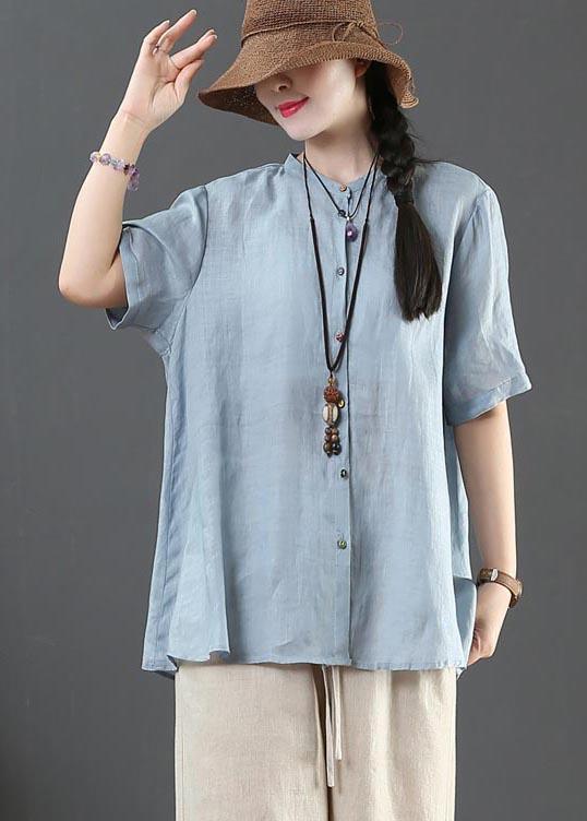 Style Blue Half Sleeve Linen Shirt Tops Summer - Omychic