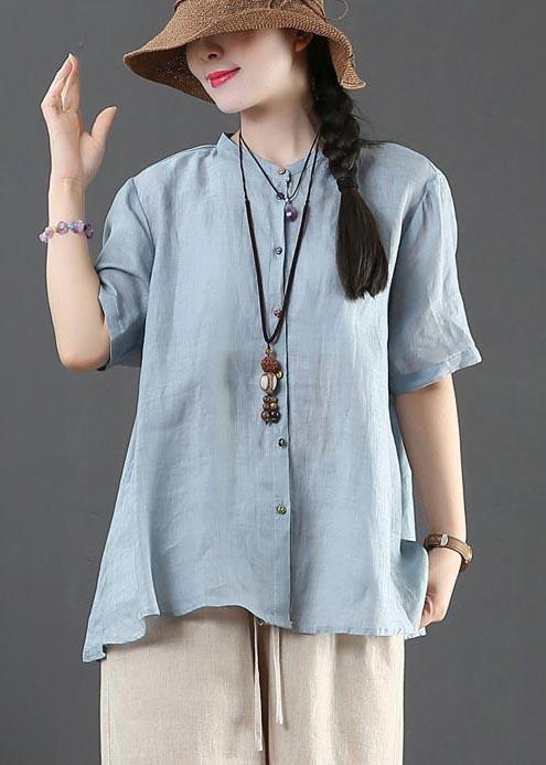 Style Blue Half Sleeve Linen Shirt Tops Summer - Omychic