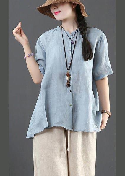 Style Blue Half Sleeve Linen Shirt Tops Summer - Omychic