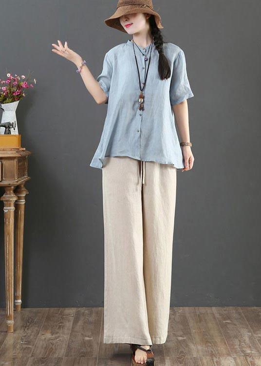 Style Blue Half Sleeve Linen Shirt Tops Summer - Omychic