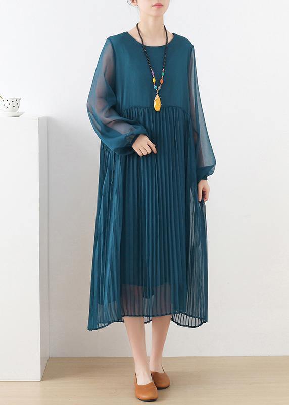 Style Blue Long Sleeve Chiffon O-Neck Summer Dresses - Omychic