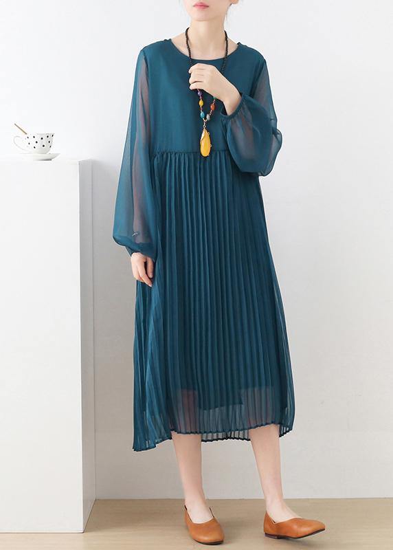 Style Blue Long Sleeve Chiffon O-Neck Summer Dresses - Omychic