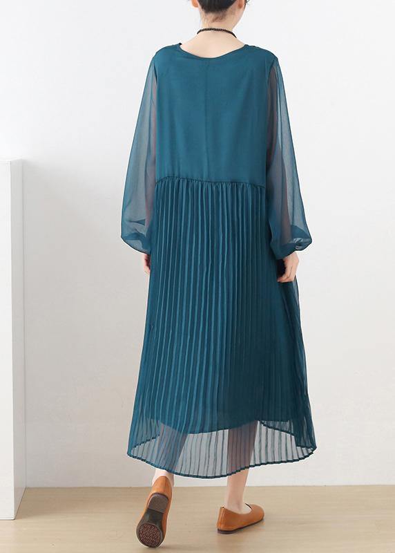 Style Blue Long Sleeve Chiffon O-Neck Summer Dresses - Omychic