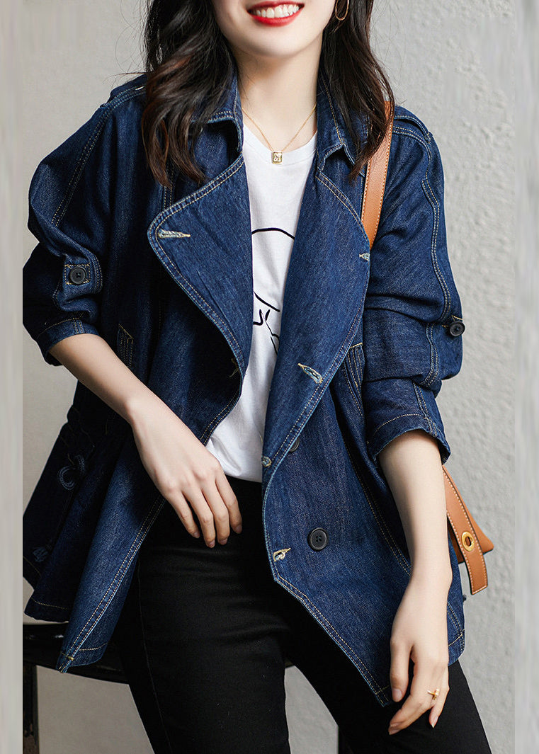 Style Blue Notched Patchwork Button Denim Coats Fall