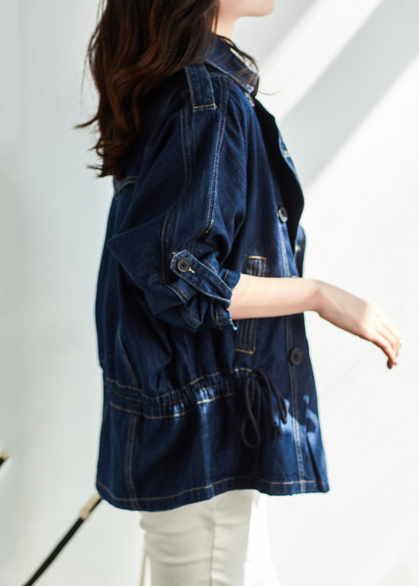 Style Blue Notched Patchwork Button Denim Coats Fall