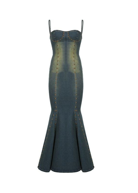 Style Blue Off The Shoulder Rivet Patchwork Denim Fishtail Dress Sleeveless