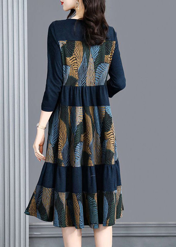 Style Blue Oversized Patchwork Print Dress Bracelet Sleeve