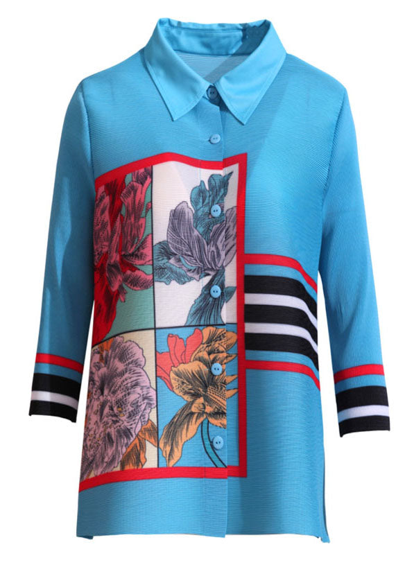 Style Blue Peter Pan Collar Striped Print Shirts Long Sleeve