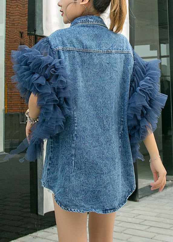 Style Blue Peter Pan Collar Tulle Ruffled Patchwork Denim Shirts Summer