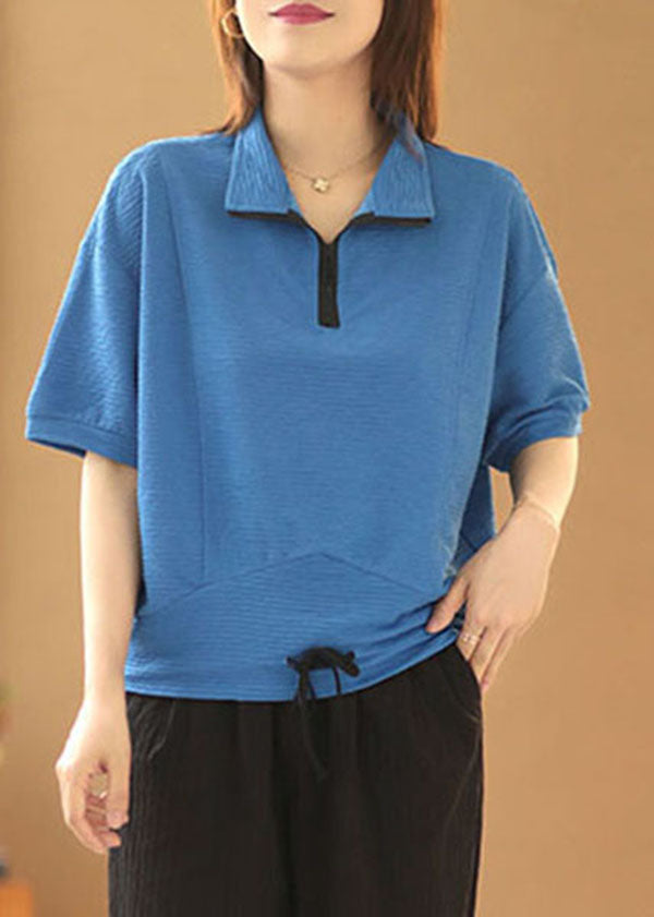 Style Blue Peter Pan Collar Zippered Drawstring Shirt Tops Short Sleeve