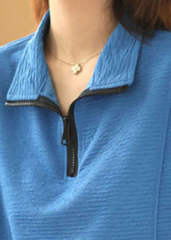 Style Blue Peter Pan Collar Zippered Drawstring Shirt Tops Short Sleeve