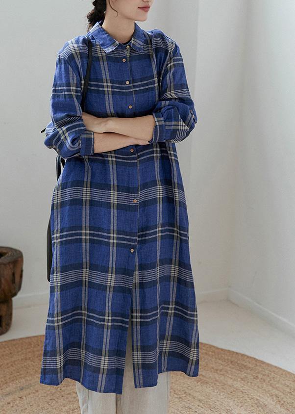 Style Blue Plaid Outfit Lapel Button Down Spring Dresses - Omychic