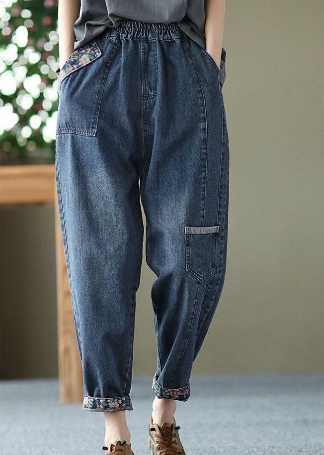 Style Blue Pockets Patchwork Denim Crop Pants Spring