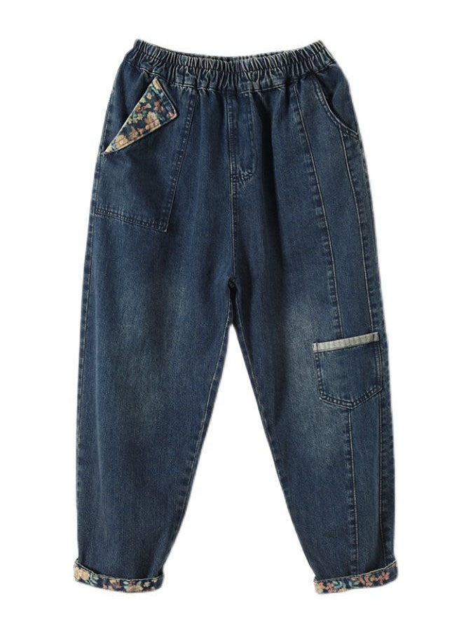 Style Blue Pockets Patchwork Denim Crop Pants Spring