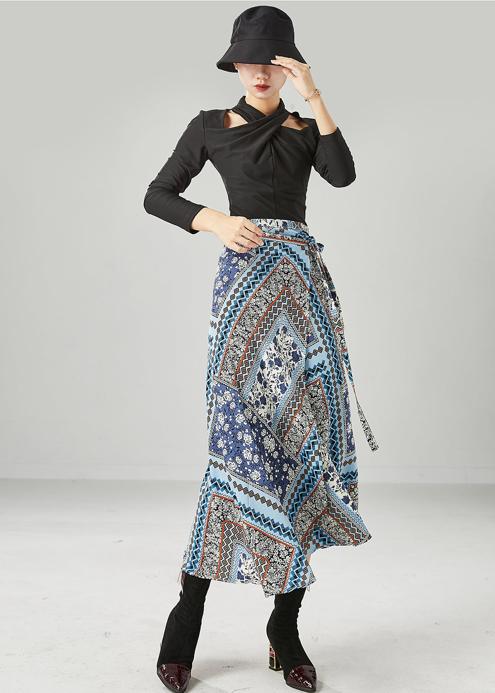 Style Blue Print Asymmetrical Design Chiffon Skirt Summer