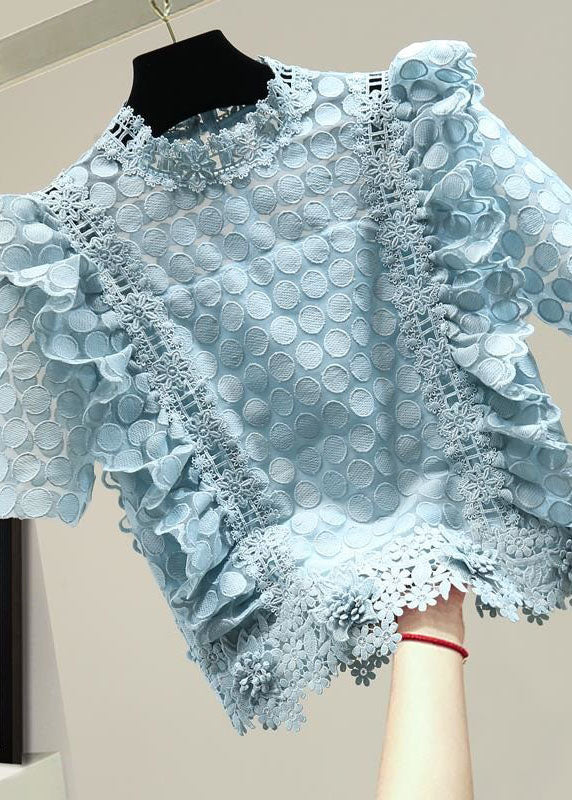 Style Blue Ruffled Patchwork Hollow Out Lace Top Summer