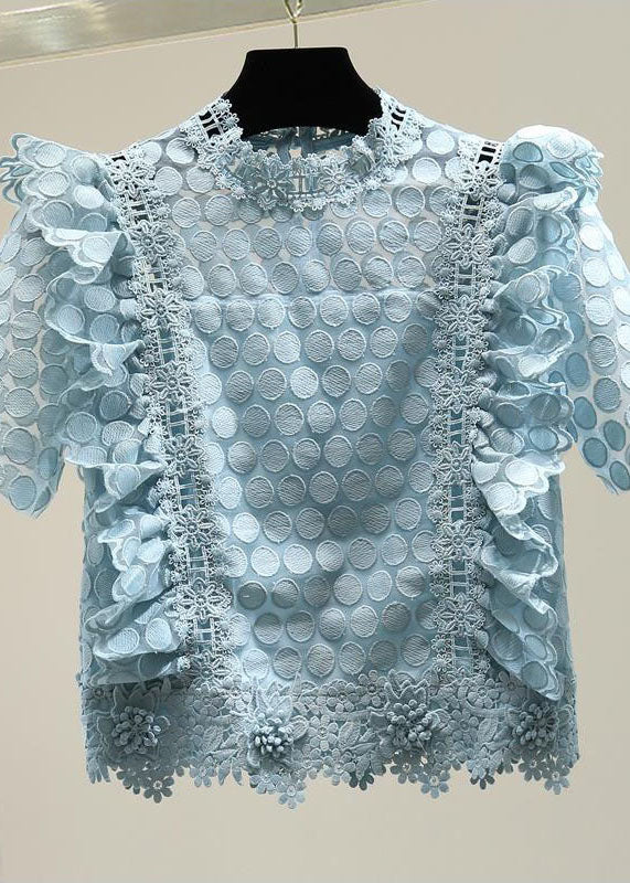 Style Blue Ruffled Patchwork Hollow Out Lace Top Summer