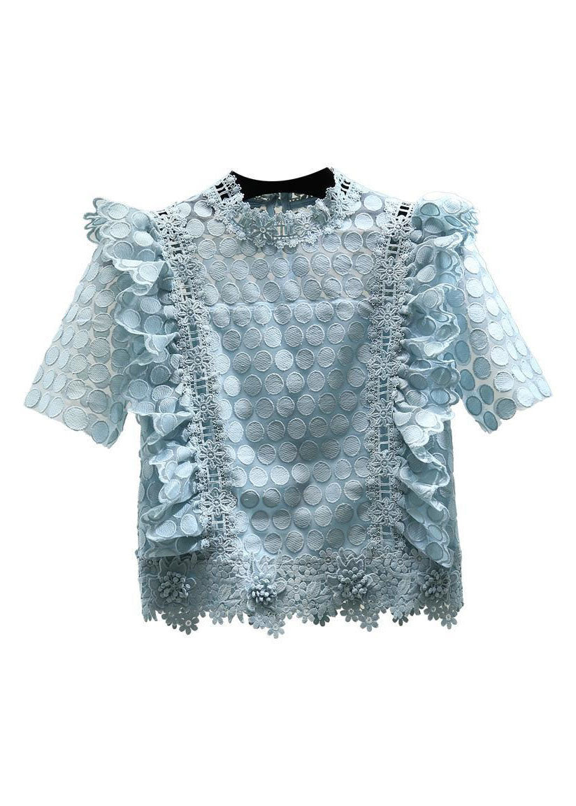 Style Blue Ruffled Patchwork Hollow Out Lace Top Summer