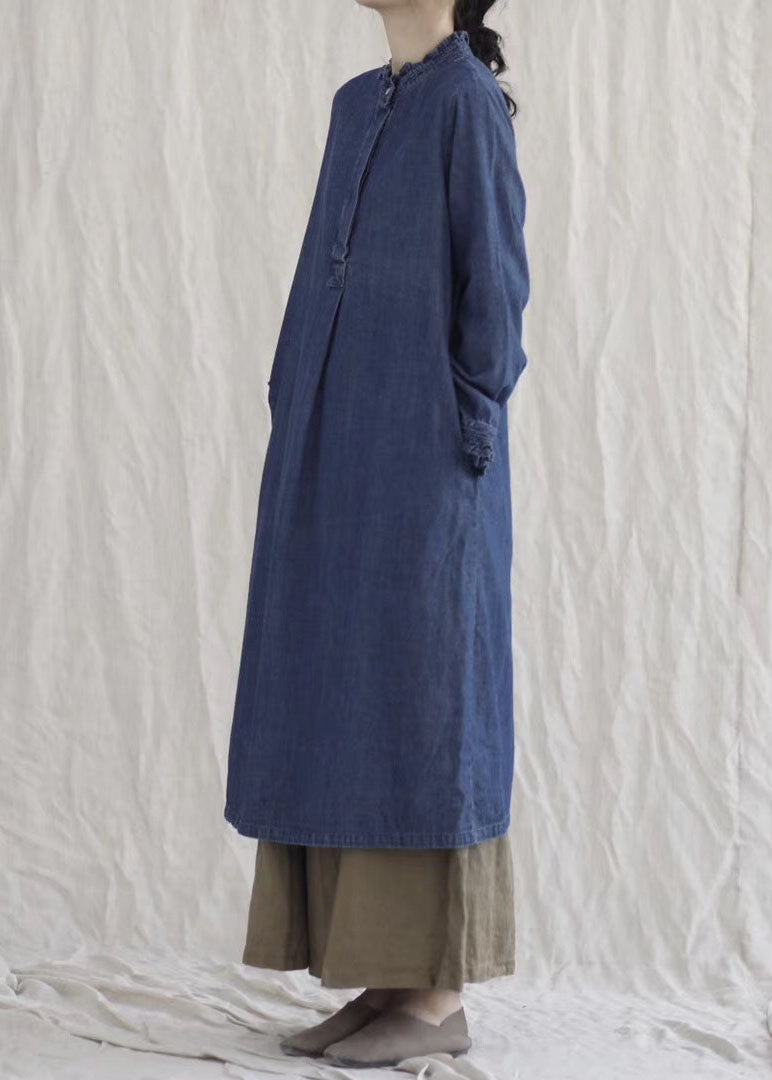Style Blue Ruffled Pockets denim Ankle Dress Spring