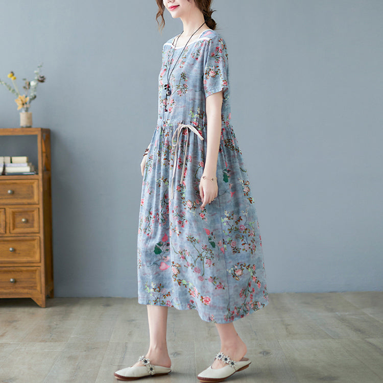 Style Blue Square Collar Cinched Cotton Long Dresses Short Sleeve