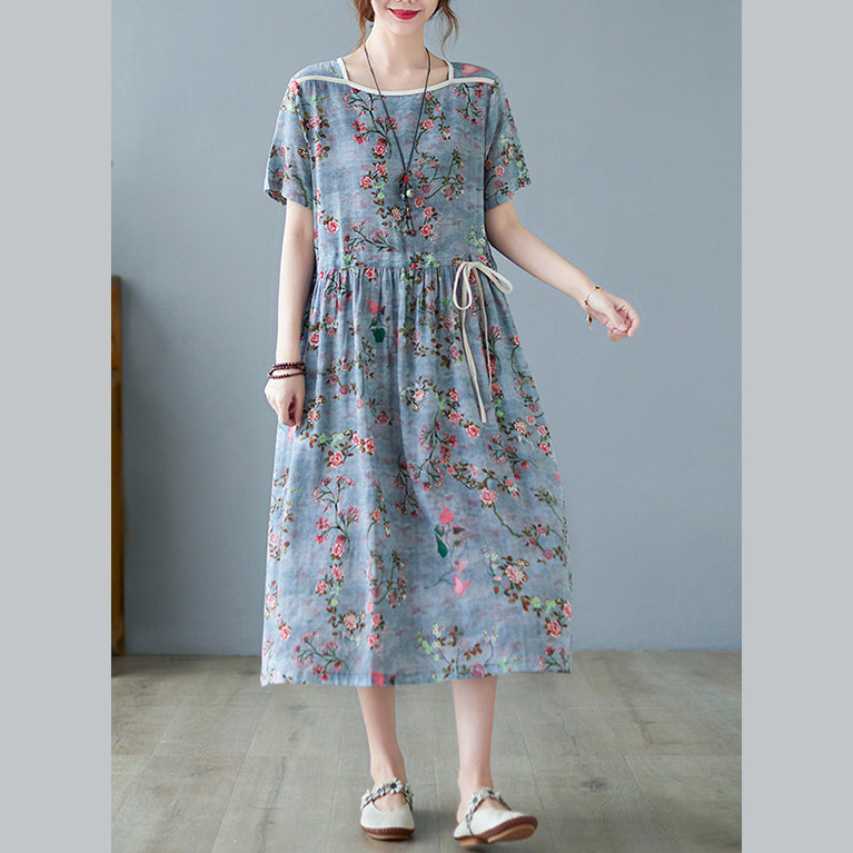 Style Blue Square Collar Cinched Cotton Long Dresses Short Sleeve