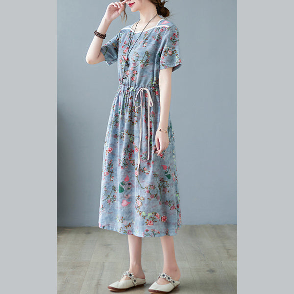 Style Blue Square Collar Cinched Cotton Long Dresses Short Sleeve