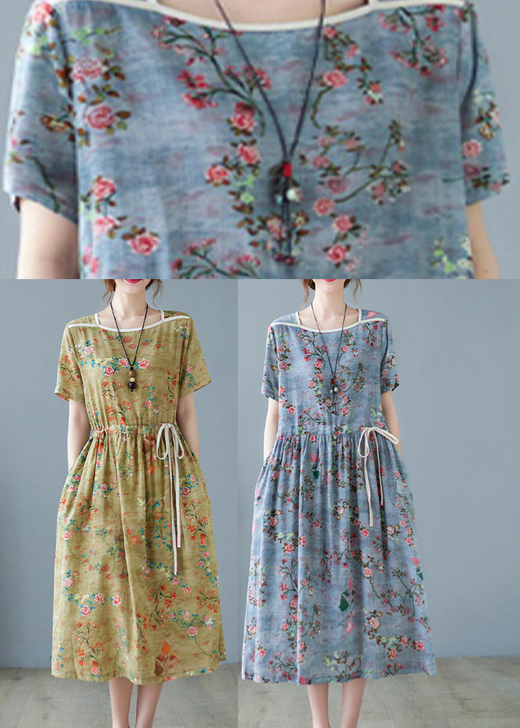 Style Blue Square Collar Cinched Cotton Long Dresses Short Sleeve