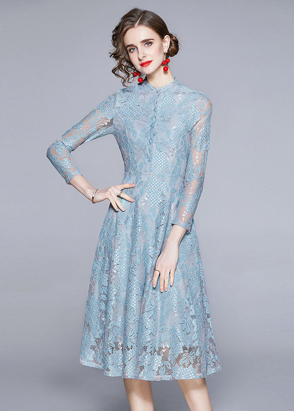 Style Blue Stand Collar Hollow Out Patchwork Lace Dress Summer