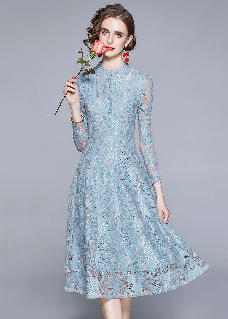 Style Blue Stand Collar Hollow Out Patchwork Lace Dress Summer