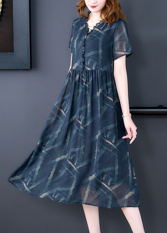 Style Blue V Neck Patchwork Print Silk Dresses Summer