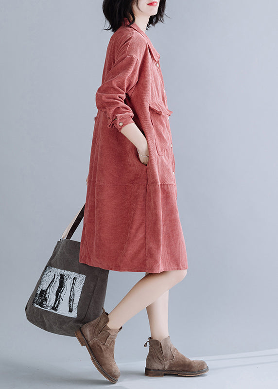 Style Brick Red Oversized Corduroy Vacation Dresses Spring