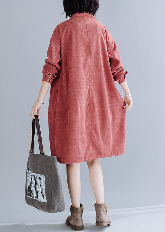Style Brick Red Oversized Corduroy Vacation Dresses Spring