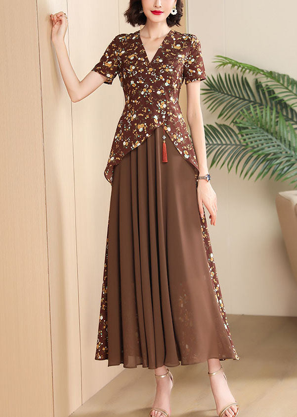 Style Brown Print Patchwork Chiffon Maxi Dress Short Sleeve