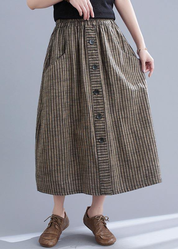 Style Brown StripedButton CottonLinen Skirts Summer - Omychic