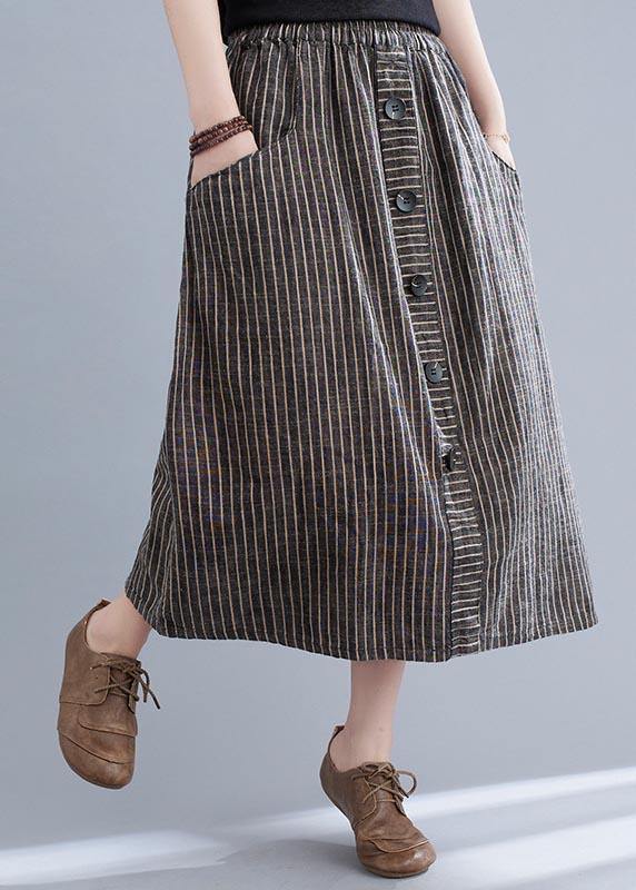 Style Brown StripedButton CottonLinen Skirts Summer - Omychic