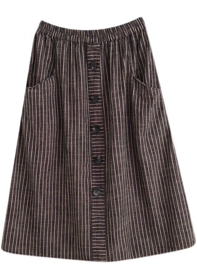 Style Brown StripedButton CottonLinen Skirts Summer - Omychic