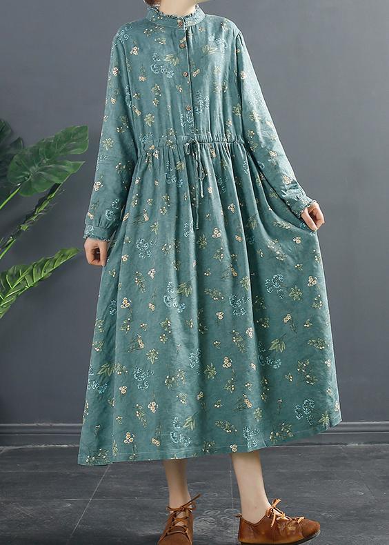 Style Button Spring Tunic Dress Pattern Green Print Dresses - Omychic