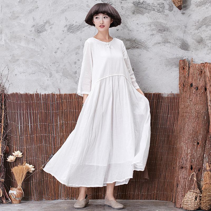 Style Chinese Button cotton Wardrobes Tutorials white o neck Art Dresses summer - Omychic