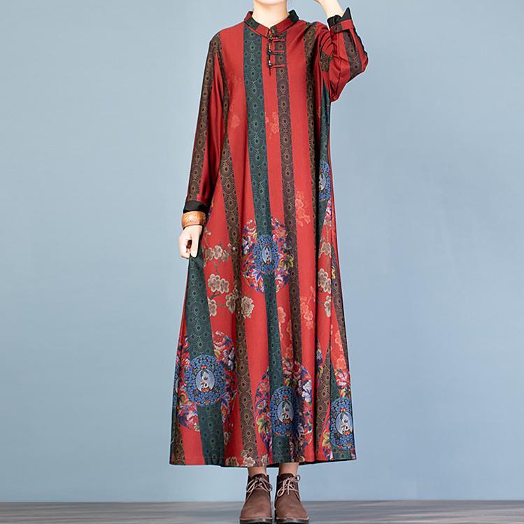 Style Chinese Button cotton stand collar clothes For Women Inspiration red floral Maxi Dress - Omychic