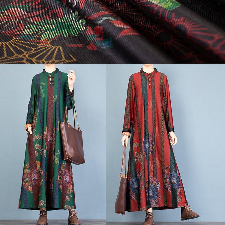 Style Chinese Button cotton stand collar clothes For Women Inspiration red floral Maxi Dress - Omychic