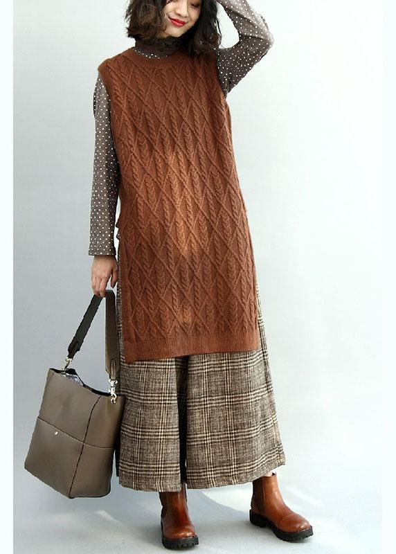 Style Chocolate O-Neck Side Open Fall Knit Vest - Omychic