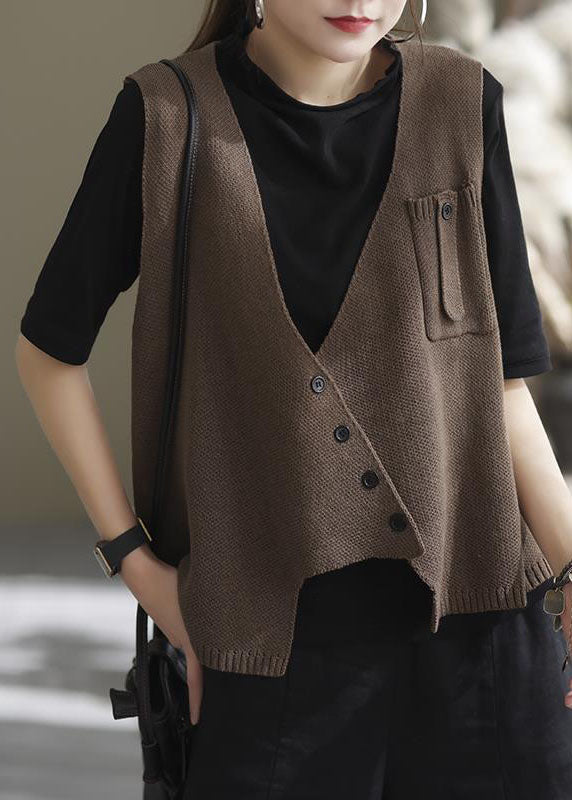 Style Coffee Asymmetrical Patchwork Knit Vest Sleeveless