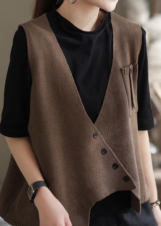 Style Coffee Asymmetrical Patchwork Knit Vest Sleeveless