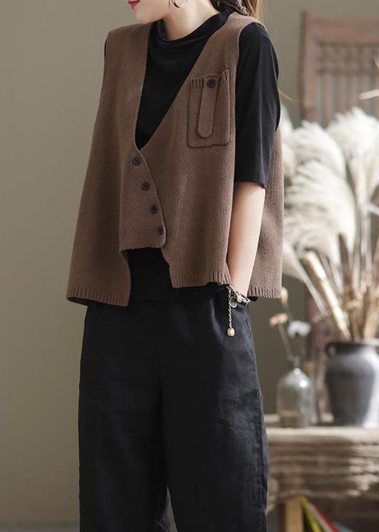 Style Coffee Asymmetrical Patchwork Knit Vest Sleeveless